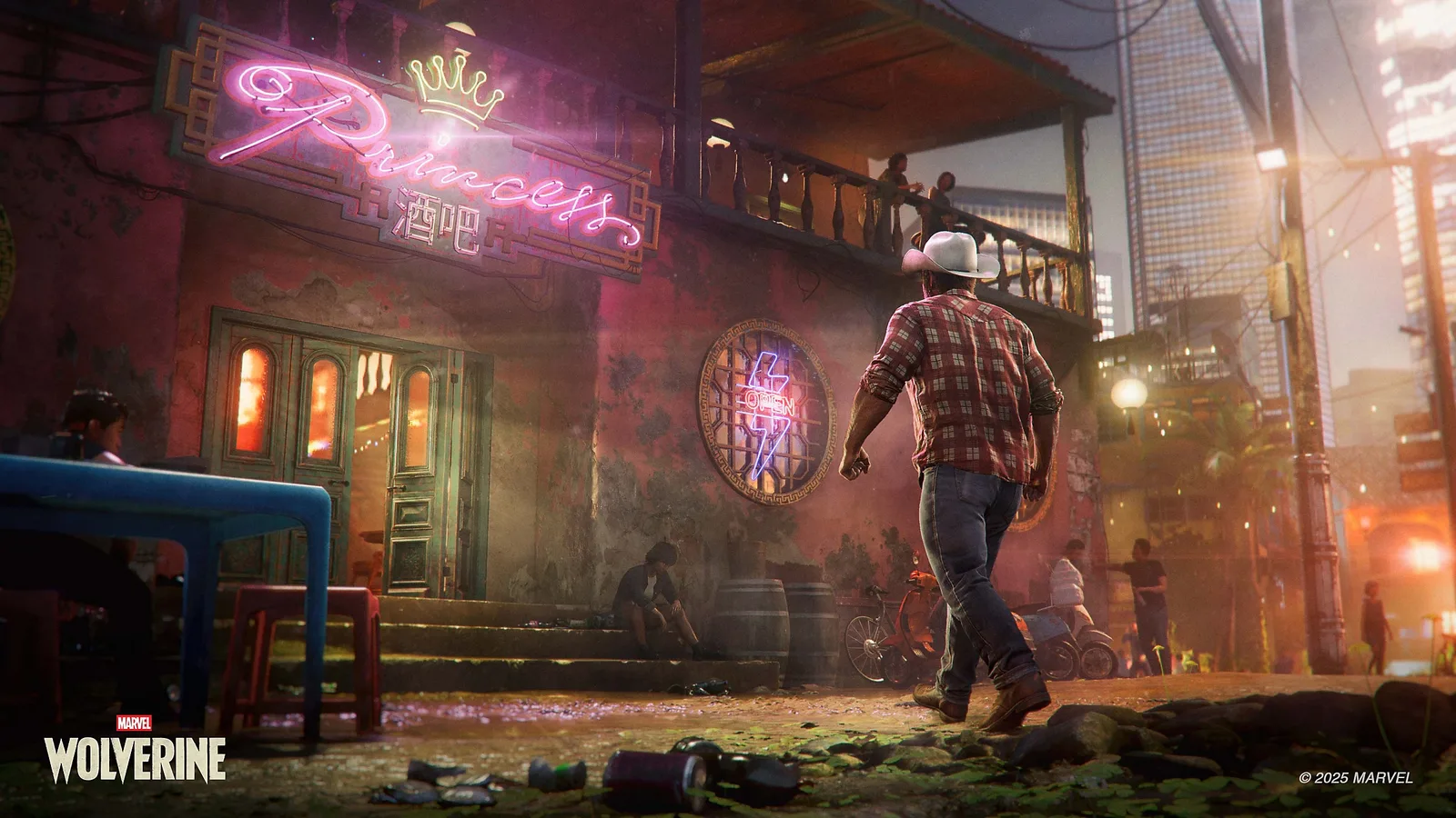 Logan enters a dim bar wearing a cowboy hat and checked shirt